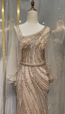 Vestidos de noche de lujo grises de un solo hombro, estilo sirena, con cuentas, elegantes para mujer, para fiestas, LA71518 