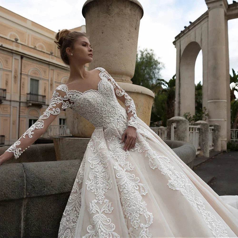 Luxury Lace Applique Wedding Dresses Long Sleeve Women's Elegant Muslim Sweetheart Fine Champagne Bridal Gowns Trailing Dress De