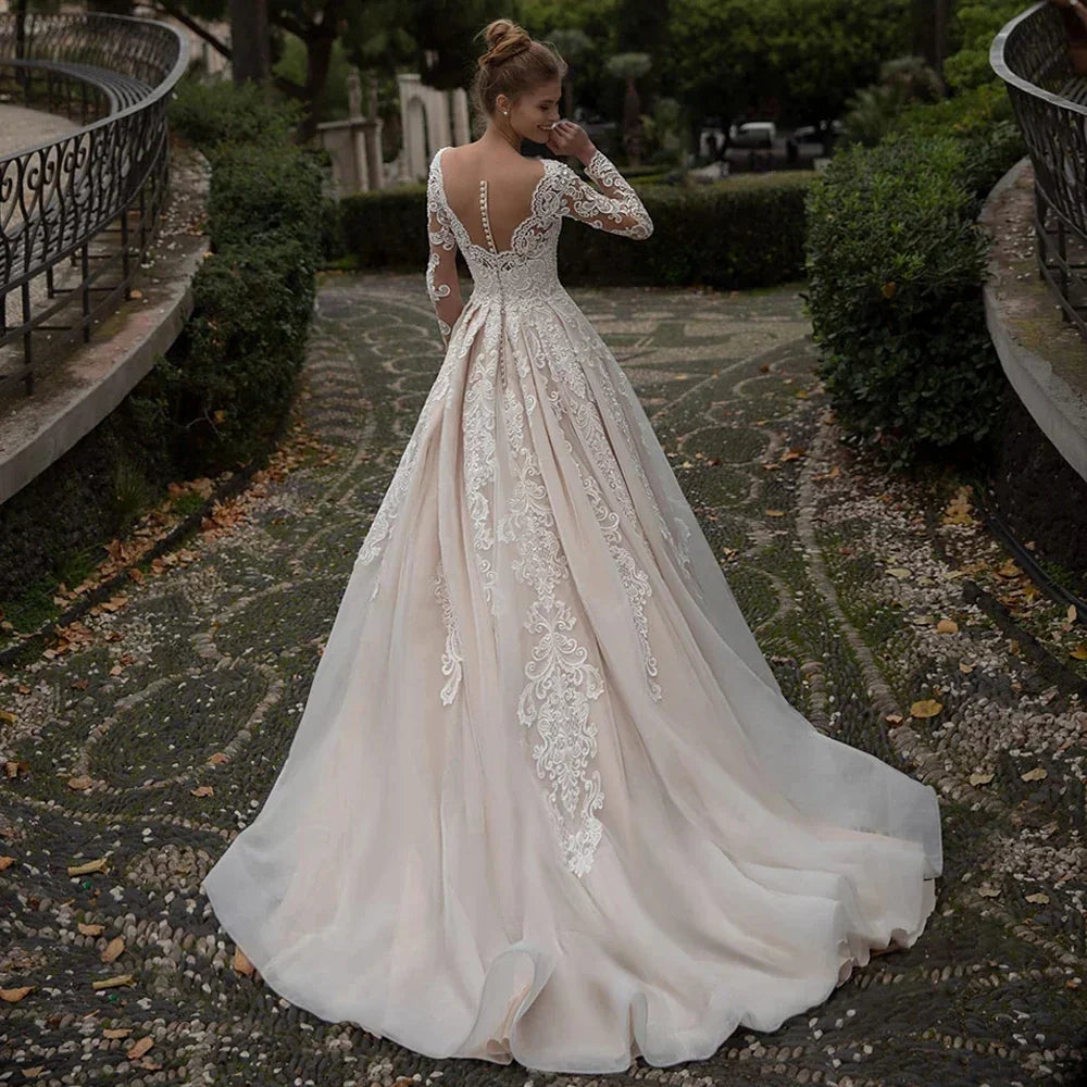 Luxury Lace Applique Wedding Dresses Long Sleeve Women's Elegant Muslim Sweetheart Fine Champagne Bridal Gowns Trailing Dress De