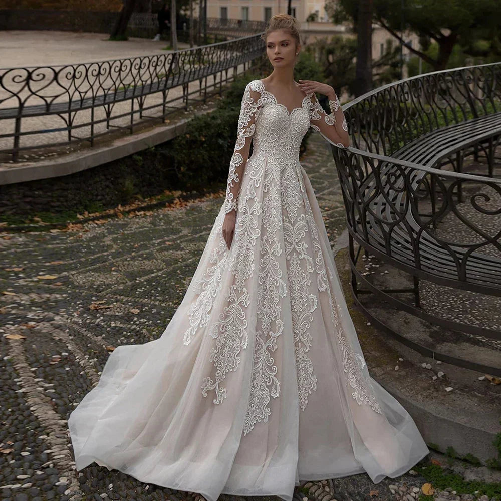 Luxury Lace Applique Wedding Dresses Long Sleeve Women's Elegant Muslim Sweetheart Fine Champagne Bridal Gowns Trailing Dress De