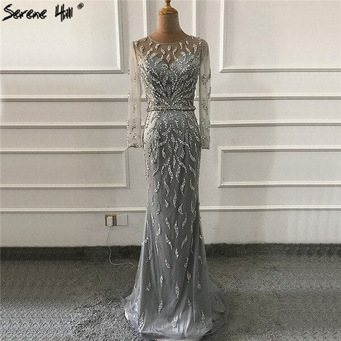 Luxury Mermaid Sparkly Grey Sexy Evening Dresses 2025 Beading Sequined Long Sleeves Formal Dress LA60892