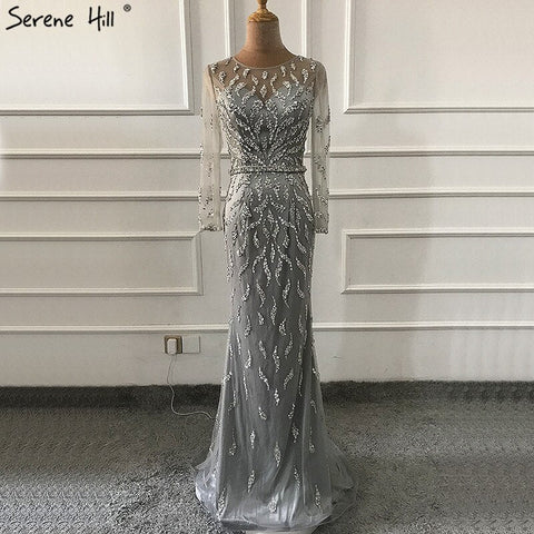Luxury Mermaid Sparkly Grey Sexy Evening Dresses 2025 Beading Sequined Long Sleeves Formal Dress LA60892