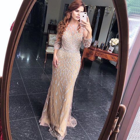 Luxury Mermaid Sparkly Grey Sexy Evening Dresses 2025 Beading Sequined Long Sleeves Formal Dress LA60892