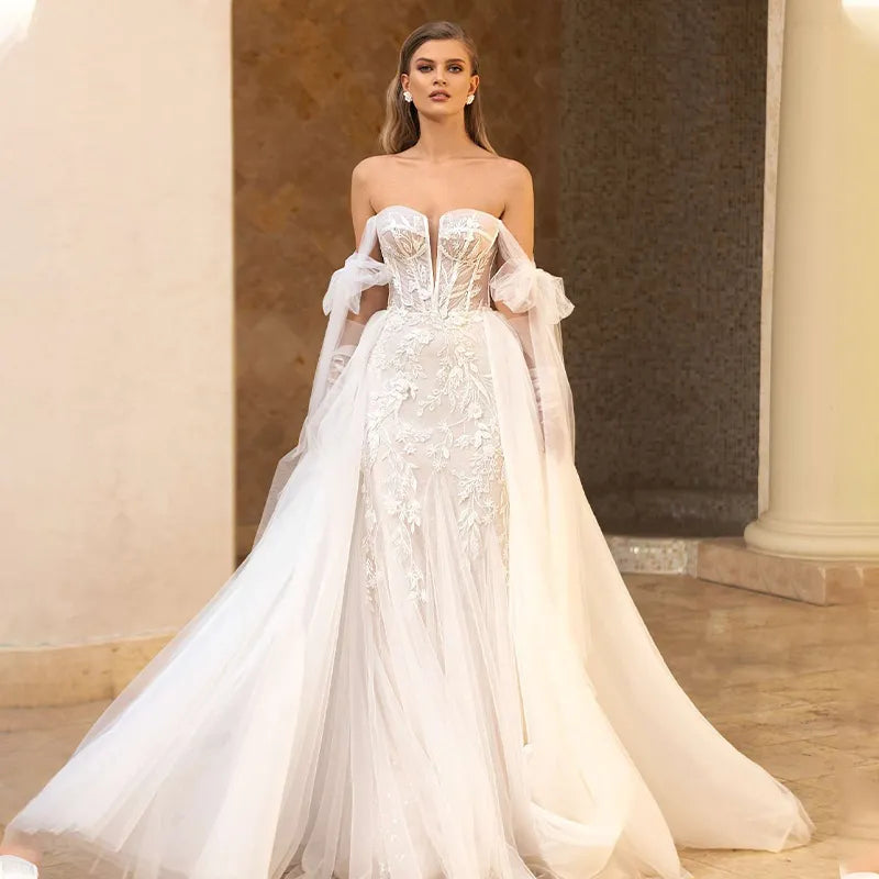 Vestidos de novia de sirena de lujo, tirantes gruesos, cola desmontable, vestidos de novia 2 en 1 con apliques de encaje, hechos a medida. 