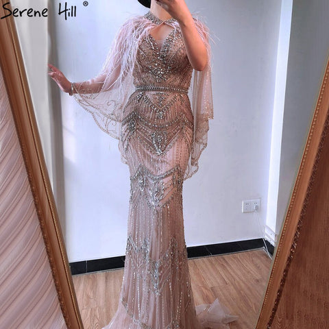 Luxury Nude V-Neck Mermaid Evening Dresses 2025 Sleeveless Shawl Yarn Feathers Sexy Formal Dress LA70171