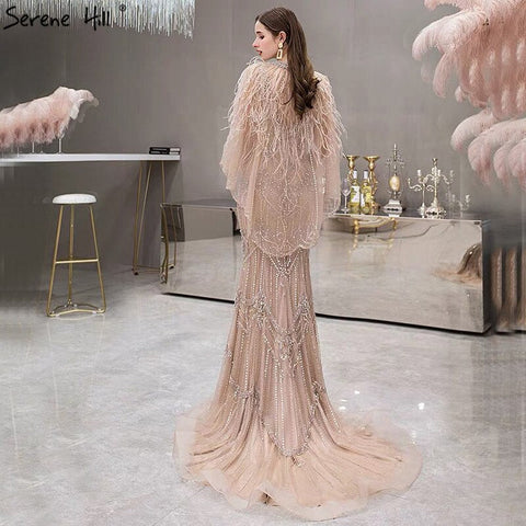 Luxury Nude V-Neck Mermaid Evening Dresses 2025 Sleeveless Shawl Yarn Feathers Sexy Formal Dress LA70171