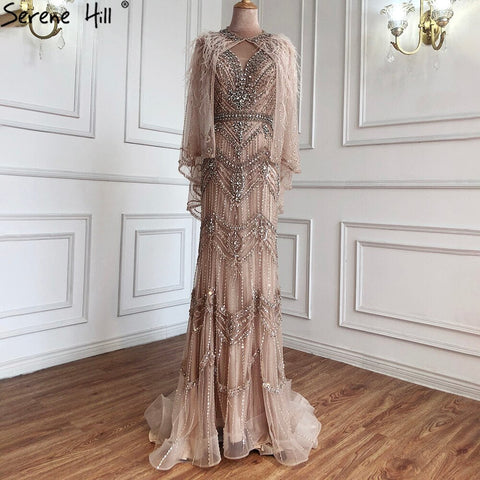 Luxury Nude V-Neck Mermaid Evening Dresses 2025 Sleeveless Shawl Yarn Feathers Sexy Formal Dress LA70171
