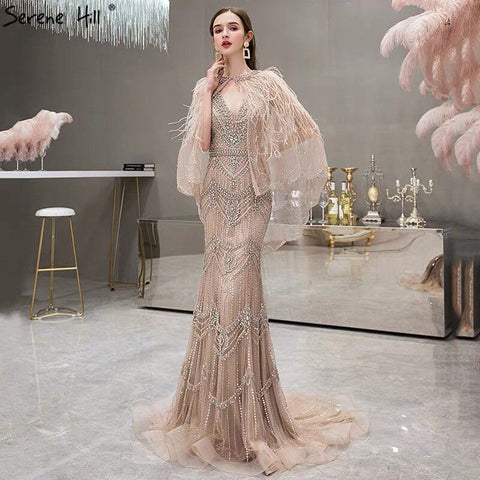 Luxury Nude V-Neck Mermaid Evening Dresses 2025 Sleeveless Shawl Yarn Feathers Sexy Formal Dress LA70171