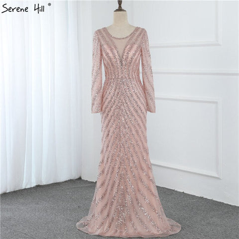 Luxury Pink O-Neck Mermaid Evening Dresses 2025 Dubai Long Sleeves Glitter Evening Gown LA70248