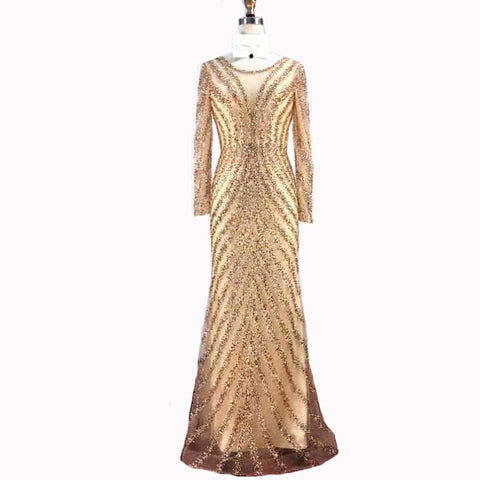 Luxury Pink O-Neck Mermaid Evening Dresses 2025 Dubai Long Sleeves Glitter Evening Gown LA70248