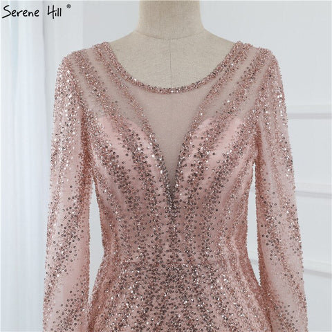 Luxury Pink O-Neck Mermaid Evening Dresses 2025 Dubai Long Sleeves Glitter Evening Gown LA70248