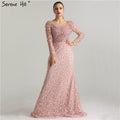 On Sale No Return No Refund Luxury Pink Pearls Lace Evening Dresses 2025 Mermaid Embroidery Long Sleeves Formal Evening Gowns LA6408