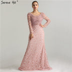 On Sale No Return No Refund Luxury Pink Pearls Lace Evening Dresses 2025 Mermaid Embroidery Long Sleeves Formal Evening Gowns LA6408