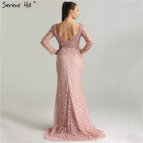 On Sale No Return No Refund Luxury Pink Pearls Lace Evening Dresses 2025 Mermaid Embroidery Long Sleeves Formal Evening Gowns LA6408