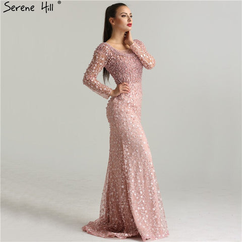 On Sale No Return No Refund Luxury Pink Pearls Lace Evening Dresses 2025 Mermaid Embroidery Long Sleeves Formal Evening Gowns LA6408