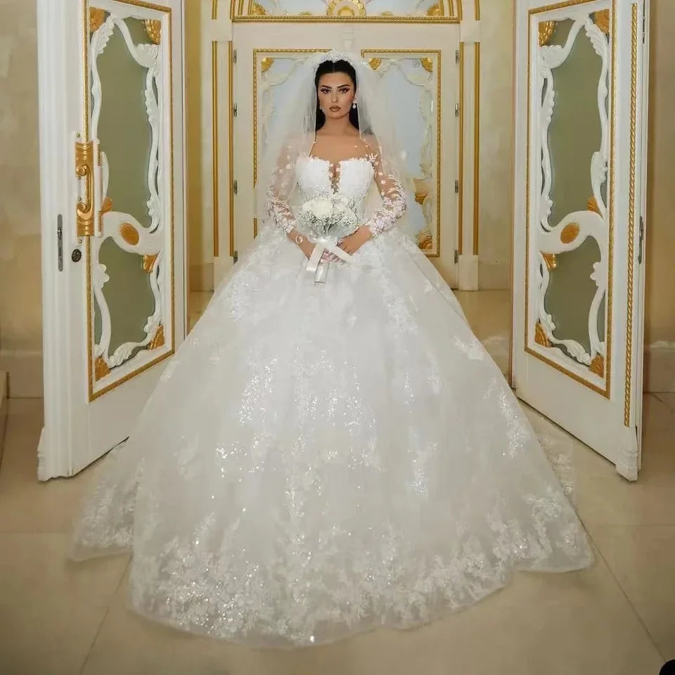 Robes de mariée de luxe scintillantes 2024, col transparent, paillettes, sequins, manches longues, application de dentelle, robes de mariée élégantes