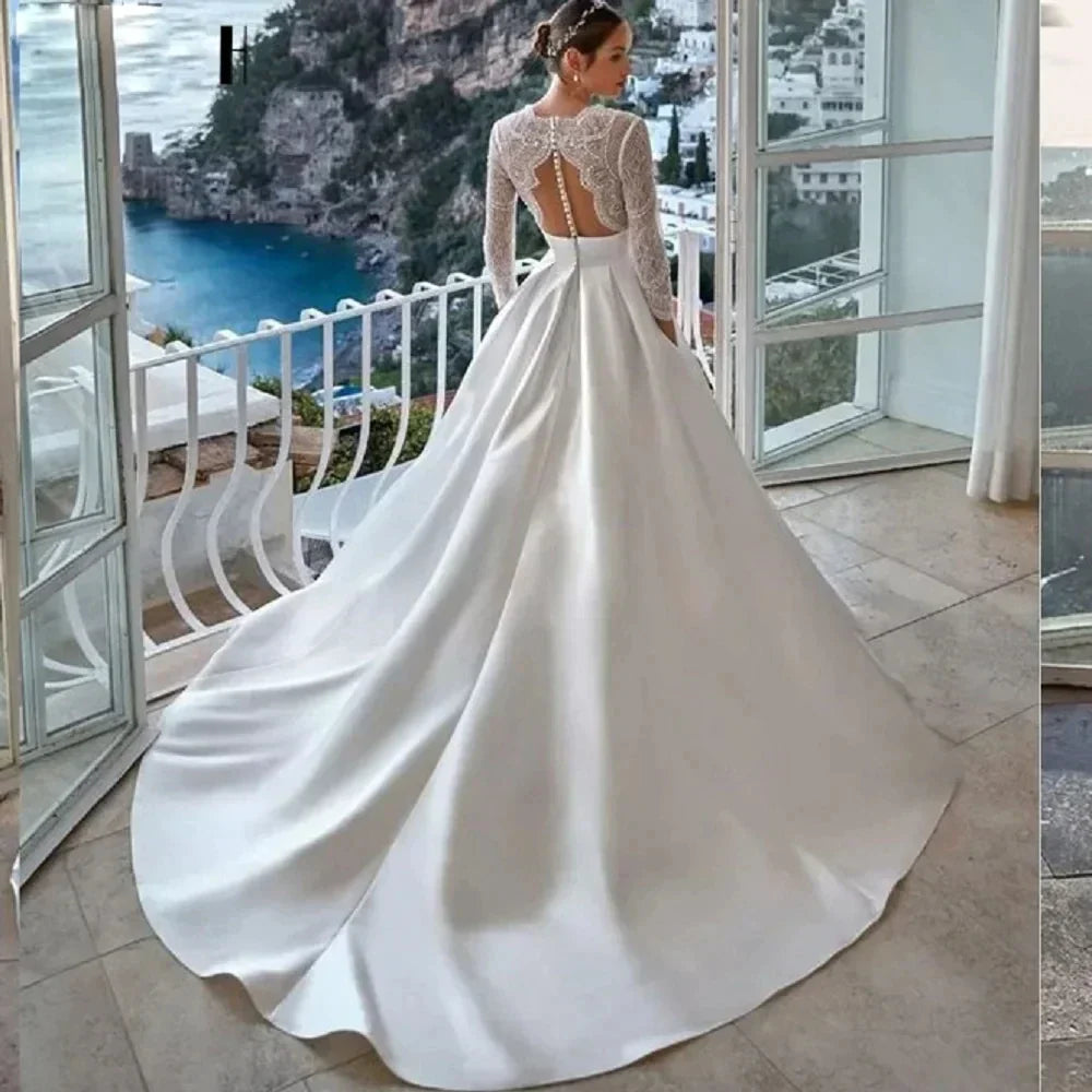 Vestido de novia de lujo para mujer 2024, moderno, con escote en V, mangas largas, tul ilusión, corte en A, espalda descubierta con botones. 
