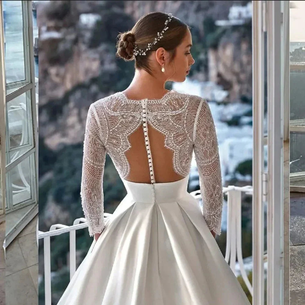 Vestido de novia de lujo para mujer 2024, moderno, con escote en V, mangas largas, tul ilusión, corte en A, espalda descubierta con botones. 