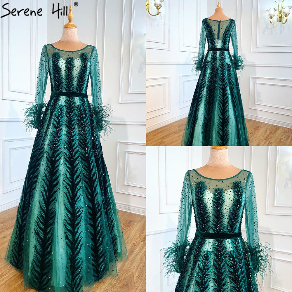 Luxury Wine Red  Dubai Design Evening Dresses Long Sleeves Feathers Crystal Formal Dress 2025 LA70013