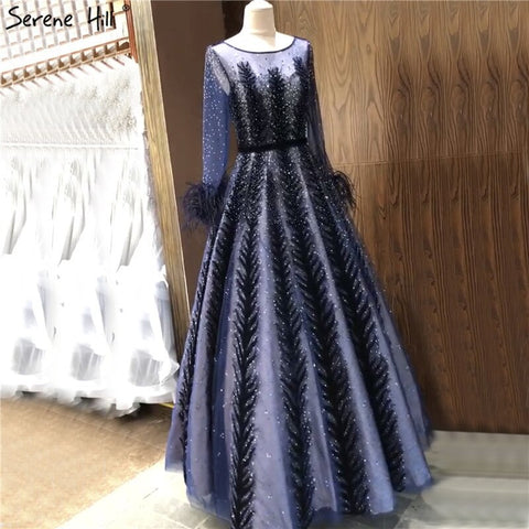 Luxury Wine Red  Dubai Design Evening Dresses Long Sleeves Feathers Crystal Formal Dress 2025 LA70013