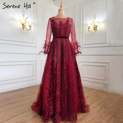 Luxury Wine Red  Dubai Design Evening Dresses Long Sleeves Feathers Crystal Formal Dress 2025 LA70013