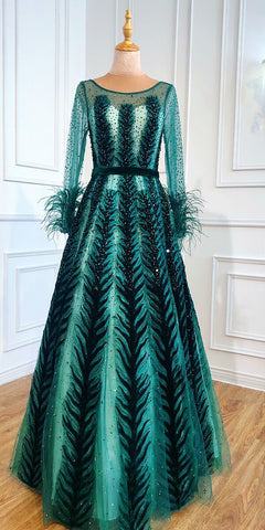 Luxury Wine Red  Dubai Design Evening Dresses Long Sleeves Feathers Crystal Formal Dress 2025 LA70013