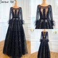 Luxury Wine Red  Dubai Design Evening Dresses Long Sleeves Feathers Crystal Formal Dress 2025 LA70013