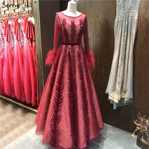 Luxury Wine Red  Dubai Design Evening Dresses Long Sleeves Feathers Crystal Formal Dress 2025 LA70013