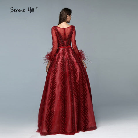 Luxury Wine Red  Dubai Design Evening Dresses Long Sleeves Feathers Crystal Formal Dress 2025 LA70013