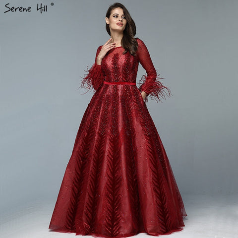 Luxury Wine Red  Dubai Design Evening Dresses Long Sleeves Feathers Crystal Formal Dress 2025 LA70013