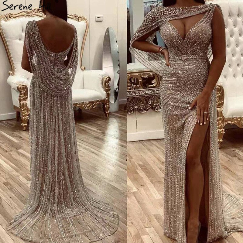 Luxus Champagner Sexy Split Abendkleider 2025 Diamant Sleeveless Meerjungfrau Formale Kleid Ruhigen Hill LA70301