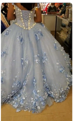 Robe longue bleu clair, adorable robe de bal princesse à épaules dénudées avec application 3D (Y260)