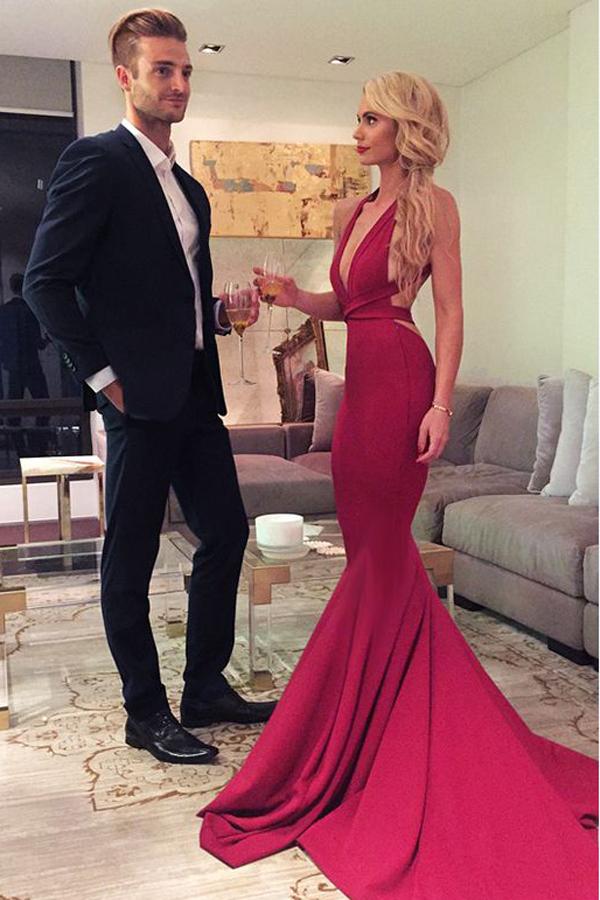 Mermaid Simple Cheap V-neck Backless Long Prom Dresses