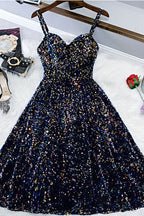 Vestidos cortos de fiesta con tirantes finos y purpurina, vestidos ajustados hasta la rodilla para el baile de bienvenida 
