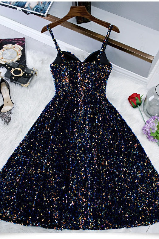 Vestidos cortos de fiesta con tirantes finos y purpurina, vestidos ajustados hasta la rodilla para el baile de bienvenida 