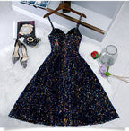 Vestidos cortos de fiesta con tirantes finos y purpurina, vestidos ajustados hasta la rodilla para el baile de bienvenida 