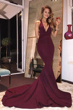 Burgundy Mermaid V-Neck Sleeveless Long Prom Dresses With Criss Cross