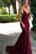 Burgundy Lace V Neck Spaghetti Strap Long Prom Dresses, Cheap Evening Dress