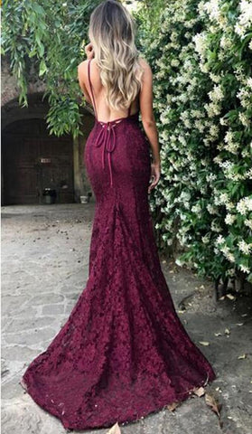 Robe de bal longue bordeaux en dentelle à col en V et fines bretelles, robe de soirée pas chère