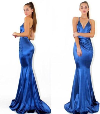New Arrival Royal Blue Simple V neck Mermaid Spaghetti Straps Prom Dresses