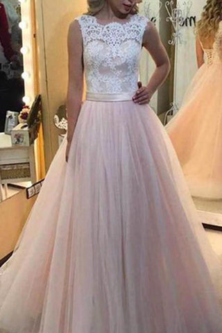 Vestidos largos de fiesta baratos de tul rosa, corte A, encaje blanco y espalda de encaje, disponibles en línea 