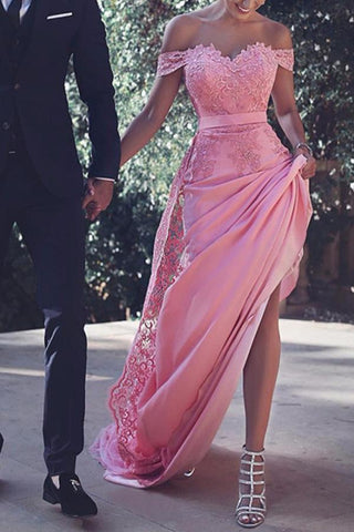 Robes de bal longues en satin à épaules dénudées et manches courtes avec appliques,