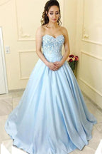 Sweetheart Neck Strapless Satin A-line Princess Long Prom Dresses