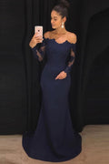 Vestidos largos de sirena azul marino con hombros descubiertos y mangas largas para fiestas y graduación