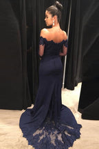 Vestidos largos de sirena azul marino con hombros descubiertos y mangas largas para fiestas y graduación
