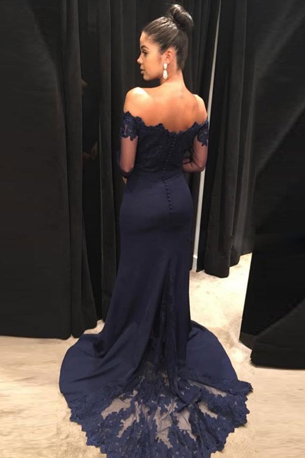 Vestidos largos de sirena azul marino con hombros descubiertos y mangas largas para fiestas y graduación
