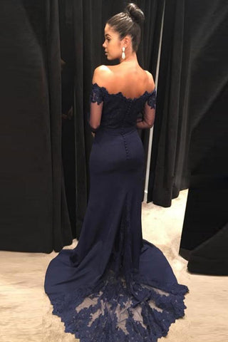 Robe de bal sirène longue bleu marine à épaules dénudées et manches longues