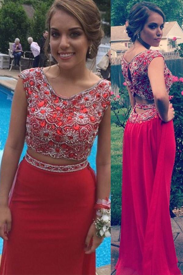 Mermaid Beaded Two Pieces Long Prom Dresses, Formal Dress