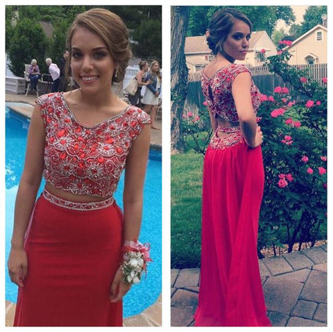 Robe de bal longue sirène deux pièces à perles, robe de soirée