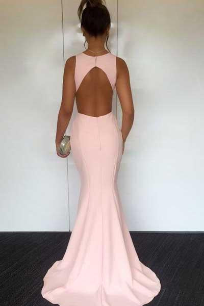 Pearl Round Neck Open Back Mermaid Prom Dresses with Sweep Train, MP319